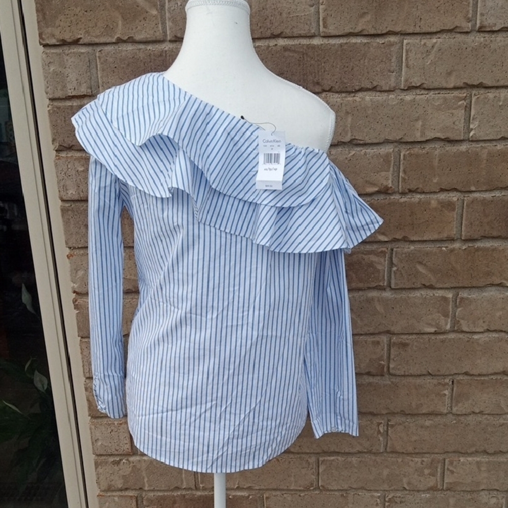 Calvin Klein Striped Off-Shoulder Ruffle Blouse - Picture 6 of 15